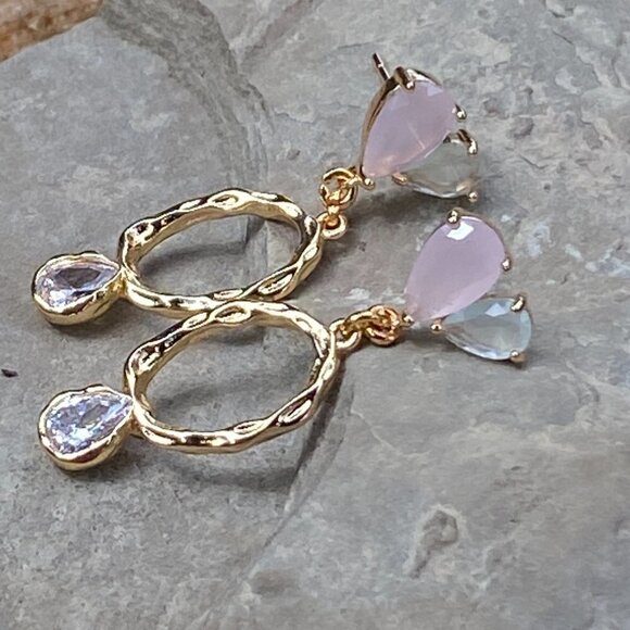 Plated Hammered Gold with Cubic Zircon Stone Stud Earrings - Picture 9 of 10